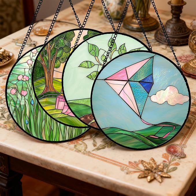 AMDERVEN Stained Glass Window Hanging 4 Pcs Set Pink Green Spring Saplings Flowers Large 11.8" - Suncatcher Door Garden Sun Catcher Home Decor Mother's Day for Woman Nana Mom Men
