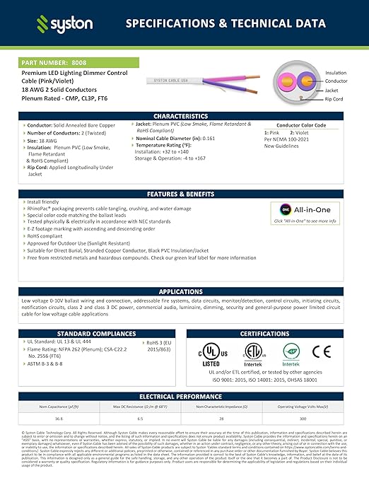 Syston Cable Technology 18/2 LED Lighting Dimmer Dimming Luminaire Control Wire Cable,18 AWG 2 Conductors Solid Bare Copper Unshielded Plenum Rated CMP CL3P FT6, for Ballast Wiring and Connection