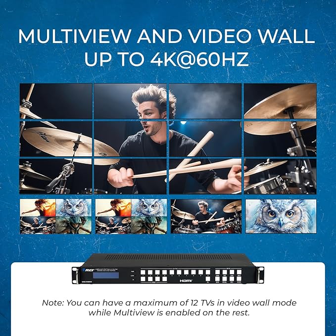 OREI 4K 4x16 HDMI Matrix Video Wall Controller Processor Multiviewer Display Upto 4K 60hz 4x4, 2x1, 1x2, 1x3, 1x4 Supports 180 Degree Rotate Audio Extraction (UHD-416MVW)