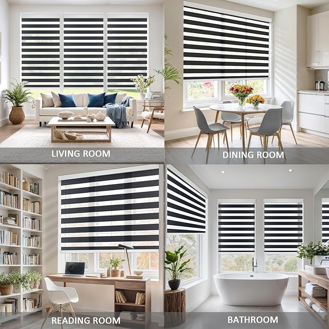 COOLWINDS Motorized Zebra Blinds for Windows Cordless Electric Curtains with Remote Control Blackout Shades Custom Smart Blinds Compatible with Alexa Google Home(Light Filtering Black,W34 X 72in)
