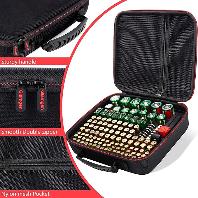 Glamgen Battery case organizer with Tester (BT168), Battery Storage case Holds 126 Batteries Various Sizes AAA AA C D 9V Lithium 3V, Batteries Holder Organizer