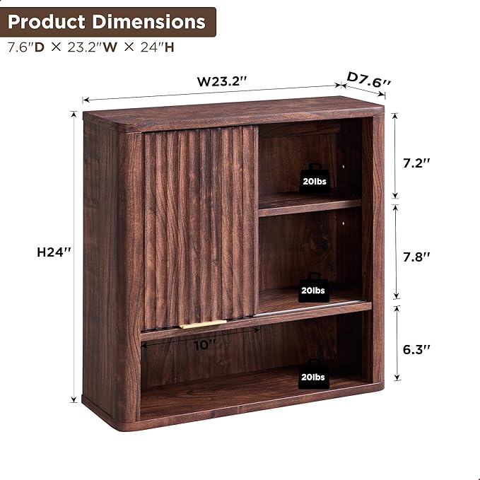 RedLemon Bathroom Wall Cabinet w/Fluted Sliding Door, Modern Medicine Cabinet with Adjustable Shelf, Curved Profile Wall Mounted Storage Organizer, Walnut