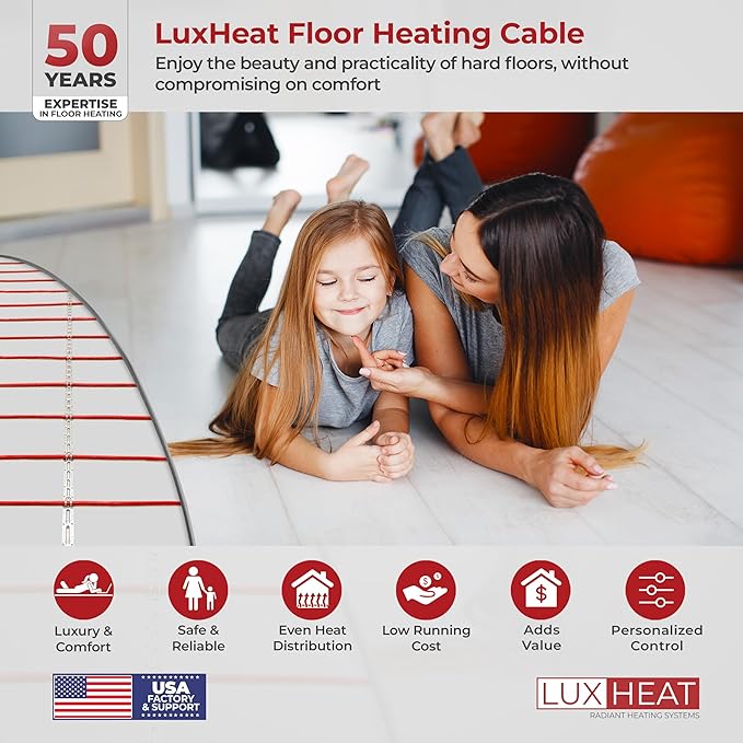 LuxHeat 90sqft Floor Heating Cable Kit - 240v In Floor Heating System for Tile - Heated Flooring System Includes UDG4 Programmable Thermostat w/GFCI, Heat Cable, Strapping, Sensor & Alarm