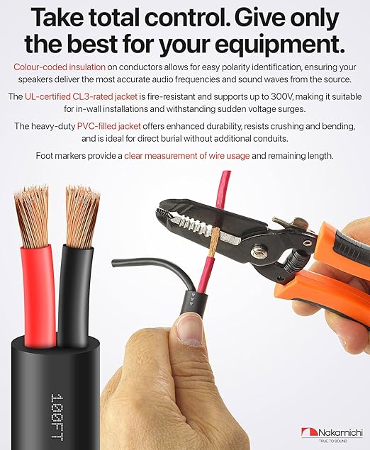 Nakamichi 16/2 (250-Foot) in-Wall & Direct Burial (UL CL2 CL3 Rated) Oxygen-Free Copper (OFC) 2-Conductor Speaker Cable Wire, Outdoor In-Ground, in-Ceiling, Riser, Black (16AWG / 250ft / 76.21m)
