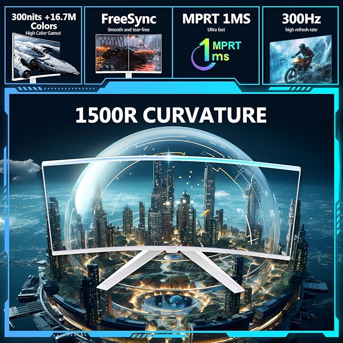 Z-Edge 27 inch Curved Gaming Monitor, FHD 1080P 300Hz Curved Monitor 1500R Computer Monitor, MPRT 1ms Monitor, 16.7M Colors, UG27S 2X DP 1.4 Ports and 2X HDMI 2.0 Ports (White