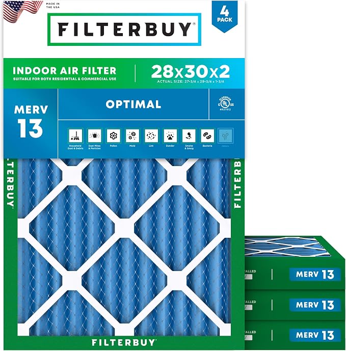 Filterbuy 28x30x2 Air Filter MERV 13 Optimal Smoke & Allergy Defense, by Filterbuy