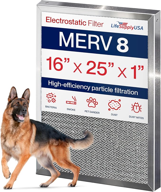 16x25x1 Electrostatic Air Filter, MERV 8, Reusable Furnace AC/HVAC Filter by LifeSupplyUSA