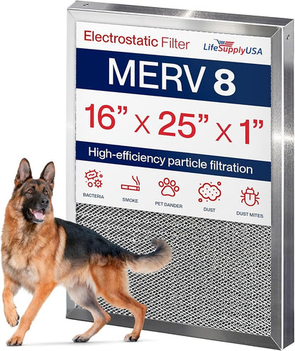 16x25x1 Electrostatic Air Filter, MERV 8, Reusable Furnace AC/HVAC Filter by LifeSupplyUSA