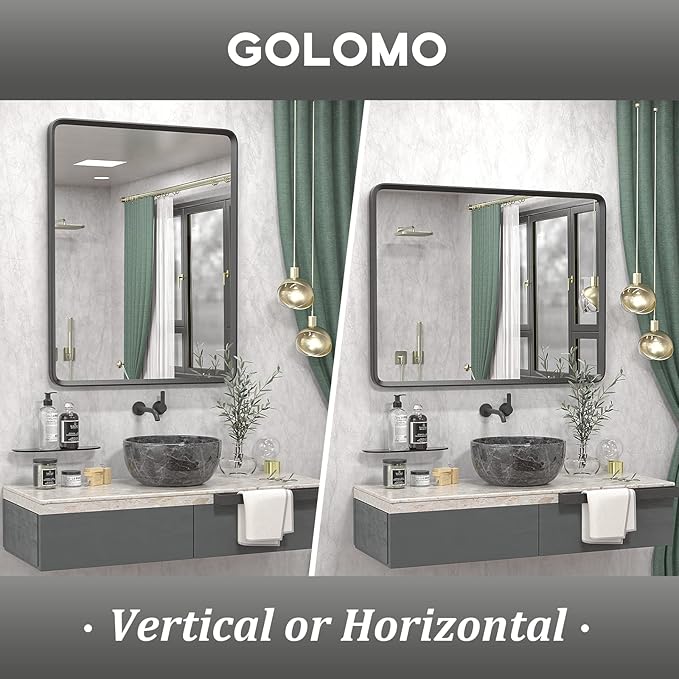 22x30 Inch Black Matte Framed Mirror for Bathroom, Rounded Rectangle Mirror, Bathroom Vanity Mirror for Wall, Anti-Rust, Shatterproof (Horizontal/Vertical)