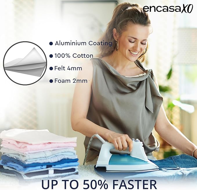 Encasa XO Ironing Board Cover And Pad 42"x14" - 4mm Felt & 2mm foam Metallized Silver iron Board Cover With Padding - Heat & Scorch Resistant, Non Slip, Bungee Elasticated, 3 Fasteners Silver Luxury
