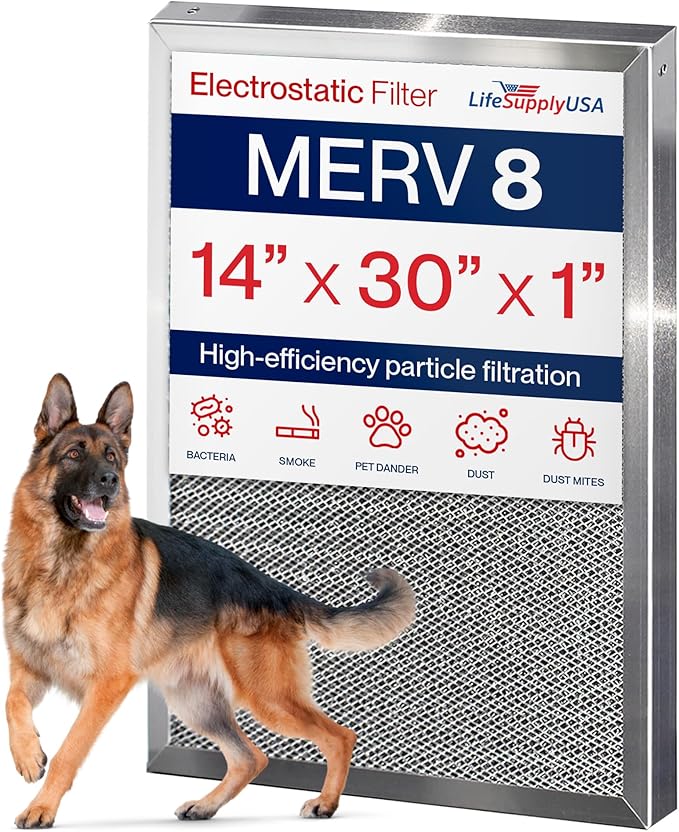 14x30x1 Electrostatic Air Filter, MERV 8, Reusable Furnace AC/HVAC Filter by LifeSupplyUSA