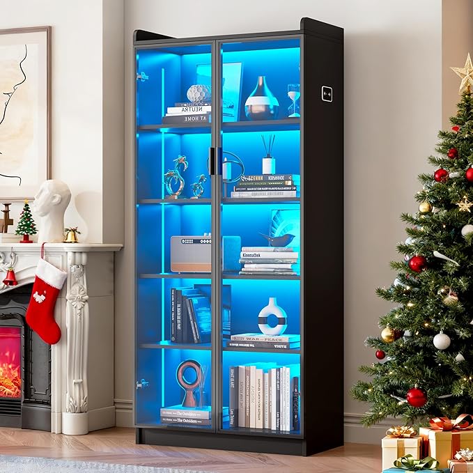 Dystler Display Cabinet with Glass Doors and Shelves, 65" Tall Curio Cabinet with LED Lights/Human Sensor, 5 Tier Display Case for Collectibles Bedroom Living Room Office, Black