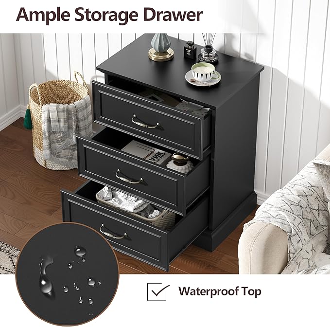Nightstand Set of 2,24" Wide End Table with 3 Large Drawers & Metal Handles,Rustic Farmhouse Wood Small Dresser,Bedside Table,Modern Chest of Drawers for Bedroom,Living Room,Black