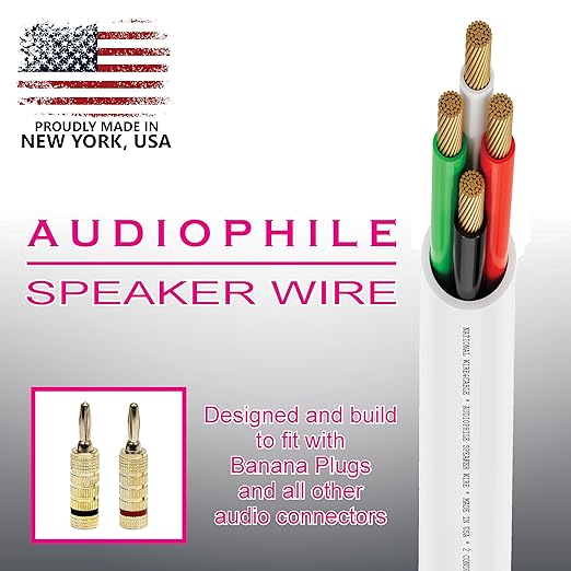 National Wire&Cables - 14/4 Audiophile Speaker Wire (200 Feet) 14AWG Gauge - Made in USA - in Wall Audio Speaker Wire Cable/CL Rated/ETL Listed / 2 Conductors - OFC Oxygen-Free Copper, White 200ft
