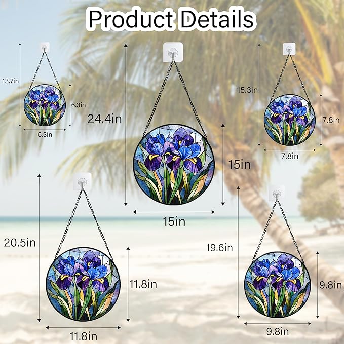 CRISGIF Stained Glass Window Hanging - Blue Purple Iris Flower Suncatcher for Door Garden Patio Sun Catchers Decor Christmas Mother's Day Birthday Gifts for Women Men Mom Nana Aunt Friend 15 in