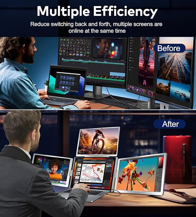 FOPO 14" Laptop Screen Extender, FHD 1200P IPS Monitor Extender, Just 1 Cable for 3 Screens Quad Monitor, Triple Extender for 12"-17.3" Laptops, Compatible with Windows 10/11 and Mac M1/M2/M3