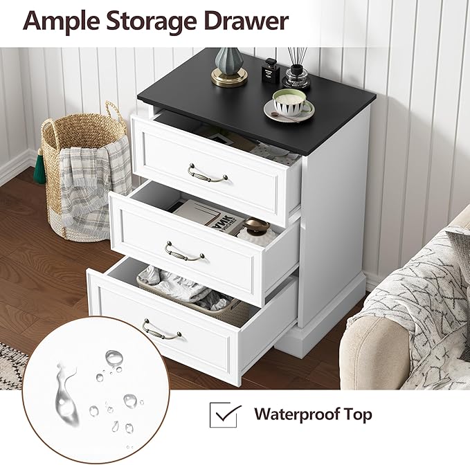 Nightstand Set of 2,24" Wide End Table with 3 Large Drawers & Metal Handles,Rustic Farmhouse Wood Small Dresser,Bedside Table,Modern Chest of Drawers for Bedroom,Living Room,White