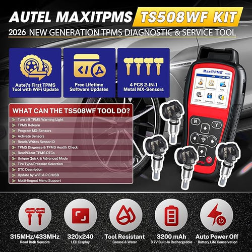 2026 Autel MaxiTPMS TS508WF KIT TPMS Programming Tool, WiFi Ver. of TS508K TS508 TS501 TS601 with 120bucks 4PCS 315 433MHz MX Sensors, Relearn Activiate All Sensor, Clear TPMS DTCs, Lifetime Update