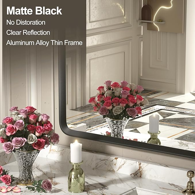 40x30 Inch Black Matte Framed Mirror for Bathroom, Rounded Rectangle Mirror, Bathroom Vanity Mirror for Wall, Anti-Rust, Shatterproof (Horizontal/Vertical)