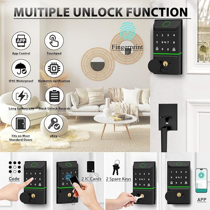 CINOP Smart Locks for Front Door with Handle Set, App Control, WiFi Front Door Lock Electronic Screen+WiFi Gateway, Keyless Entry Door Lock Fingerprint Deadbolt, Auto Lock (Black)
