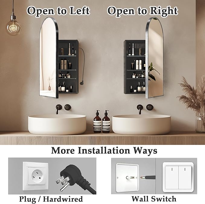 Arched Medicine Cabinet with Mirror,Bathroom Medicine Cabinet Wall Mounted,Bathroom Vanity Mirror with Storage 2 Power Outlets,Mirrored Cabinet with Adjustable Shelf, 20X34 Inch Black