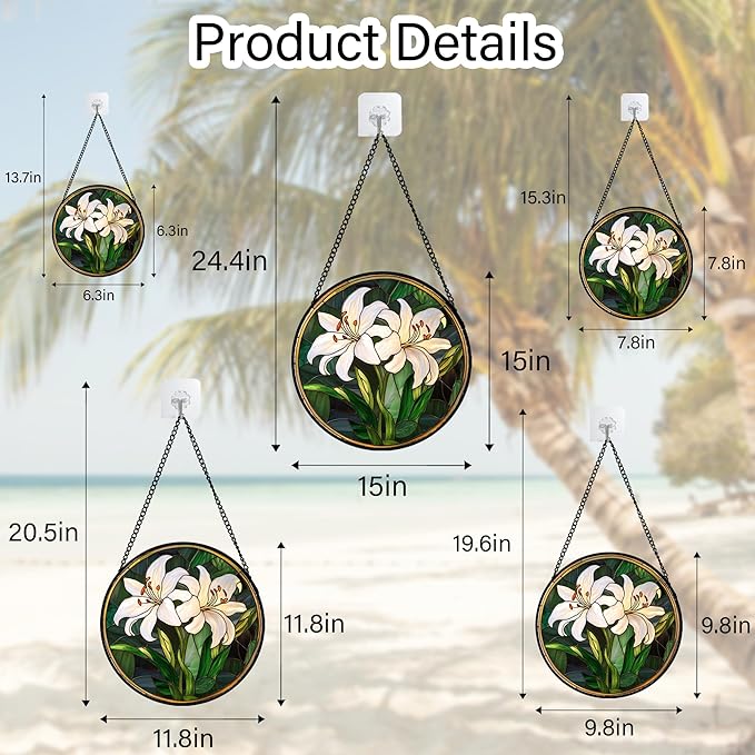 CRISGIF Stained Glass Window Hanging, White Lily Suncatcher for Door Garden Patio Birth Flower Green Plant Sun Catchers Decor Christmas Mother's Day Birthday Gifts for Women Mom Nana Friend 6.3 in