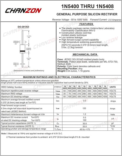 Chanzon 1N5408 Rectifier Diode 3A 1000V DO-201AD Axial 5408 IN5408 3 Amp 1000 - Image 2