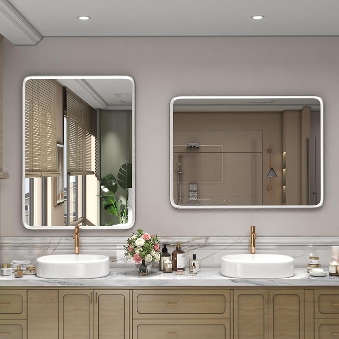 28x32 Inch Silver Framed Mirror, Silver Rounded Rectangle Bathroom Vanity Mirror for Wall, Silverish Painted, Shatterproof, Anti-Rust (Horizontal/Vertical)