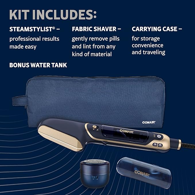 Conair SteamStylist 3-in-1 Steam, Press and Iron Steamer for Clothes, With Fabric Shaver, Extra Water Tank and Storage Bag, For Home, Office or Travel, Amazon Exclusive, Midnight Blue