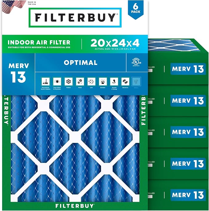 Filterbuy 20x24x4 Air Filter MERV 13 Optimal Smoke & Allergy Defense, by Filterbuy