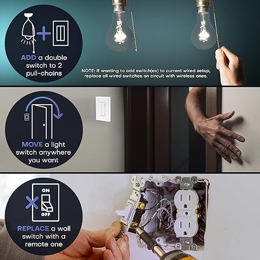 RunLessWire Fan & Light Battery-Free DIY Wireless Light Switch Kit 150ftRF Range Kinetic for Bathrooms & Ceiling Fans: 1 Dual Remote Switch Controls 2 5A On/Off Receivers Separately – Brown