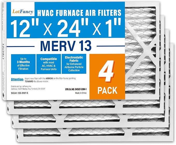 LotFancy 12x24x1 Air Filter MERV 13 4-Pack, Electrostatic Pleated HVAC Furnace by LotFancy