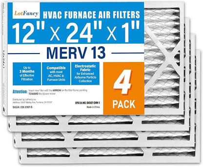 LotFancy 12x24x1 Air Filter MERV 13 4-Pack, Electrostatic Pleated HVAC Furnace by LotFancy