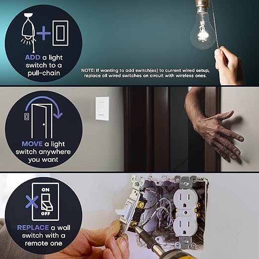 RunLessWire 2 Fixture Battery-Free DIY Kinetic Wireless Light Switch Kit 150ft RF Range for Different Fixtures or Outlets: 1 Remote Switch Controls 2 5A On/Off Receivers Simultaneously – White
