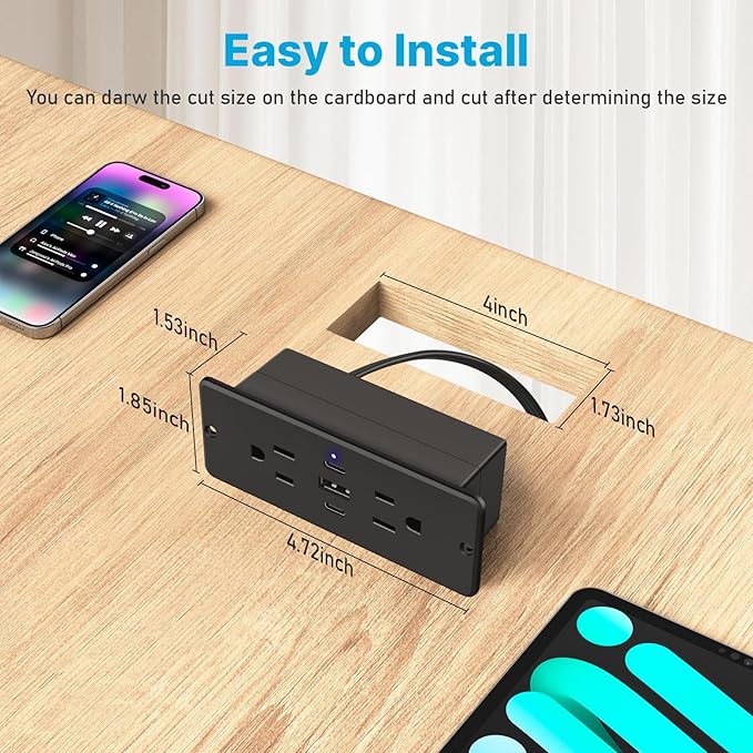 CCCEI Recessed Power Strip with Outlet and USB C Ports, Furniture Flush Mount Power Strip, Small Desk Hidden Outlet for Conference Table, Nightstand, Black, 10FT.