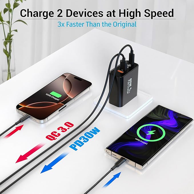 USB C Charger Block, 2-Pack 60W 5 Ports USBC Wall Charger Plug Fast Charging, iPhone Charger QC Multiport PD Adapter Chargers, Type C Box Brick Cube for iPhone 17 16 15 14 13 Pro Max, Samsung