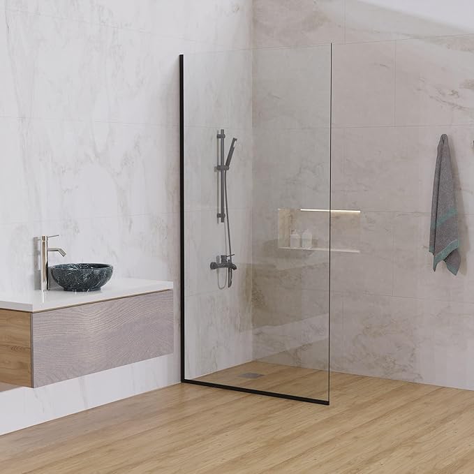 Royalty Fixed Shower Screen - 24" x 76" Frameless 3/8" Clear Tempered Glass Panel with Hardware - Easy Clean Smart Guard Coating - Minimalist Modern Design for Bathroom - Matte Black