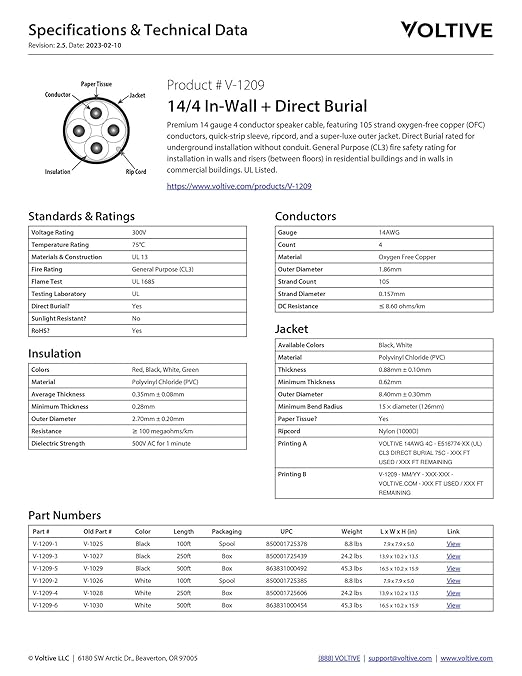 Voltive 14/4 Speaker Wire, in-Wall CL3 & Direct Burial, White, 250ft - 14AWG, 4 Conductors, Stranded Oxygen-Free Copper, UL Listed - V-1209-4
