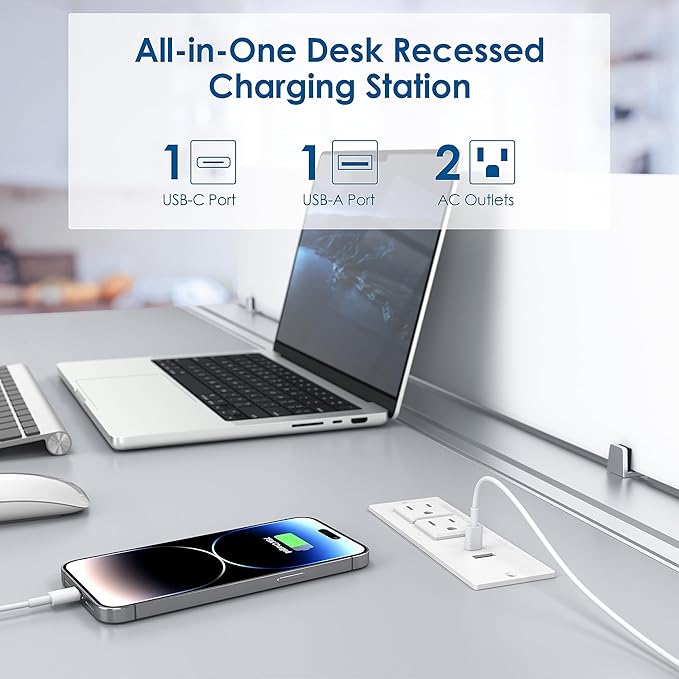 Conference Recessed Power Strip USB C PD 20W Fast Charging,Furniture Recessed Outlet,2 Outlets,2 USB Ports Table Power Strip,Flush Mount Power Strip for Side Table,6ft Cord,Flat Plug