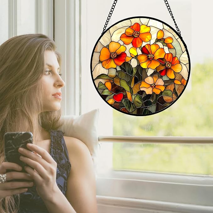 CRISGIF Stained Glass Window Hanging - Orange Marigolds Flowers Suncatcher for Door Garden Yard Sun Catchers Decor Christmas Mother's Day Birthday Gifts for Women Mom Nana Girlfriend Men 11.8 in