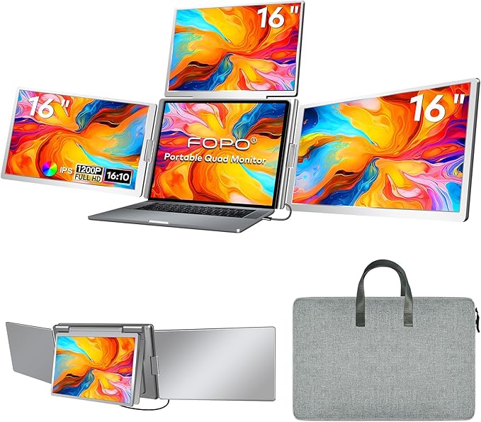 FOPO 16" Laptop Screen Extender Monitor Portable, Quad Monitor, Just 1 Cable for 3 Screens, FHD 1200P IPS Laptop Extender Compatible with Wins/Mac for 13.6" - 18.5" Laptops
