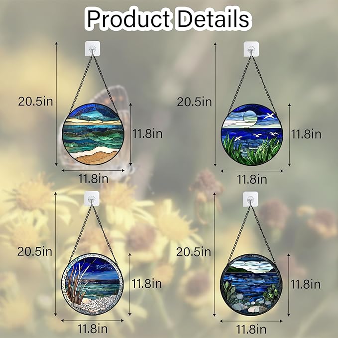 AMDERVEN Stained Glass Window Hanging 4 Pcs Set Navy Blue Ocean Landscape Large 11.8" - Suncatcher Door Garden Sun Catcher Decor Birthday Mother's Day for Mom Woman Nana Girl Boy Friend