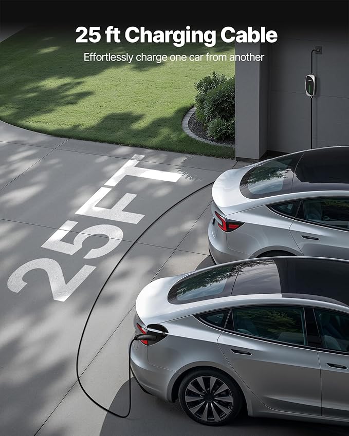 VEVOR Level 1/2 Tesla Charger, 16 Amp, Portable Electric Car EV Charger with 25 ft Charging Cable, 120V-240V, NEMA 6-20P Plug NEMA 5-15 Adapter, LED Indicator, NACS Connector for Tesla Model Y/X/3/S