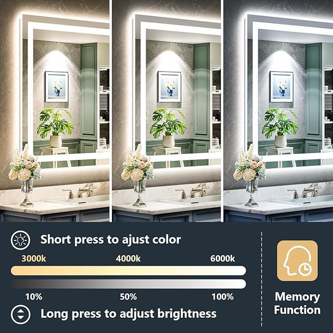 YEELAIT 24x36 Inch LED Bathroom Mirror with Lights Front and Backlit Lighted Vanity Mirror for Bathroom Wall with 3 Colors Dimmable Anti-Fog Memory Shatter-Proof IP54 Waterproof Horizontal/Vertical