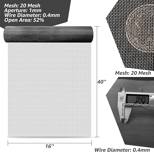 16x40 Inch Wire Mesh Roll, 20 Mesh Stainless Steel Mesh, Never Rust Sturdy - Image 2