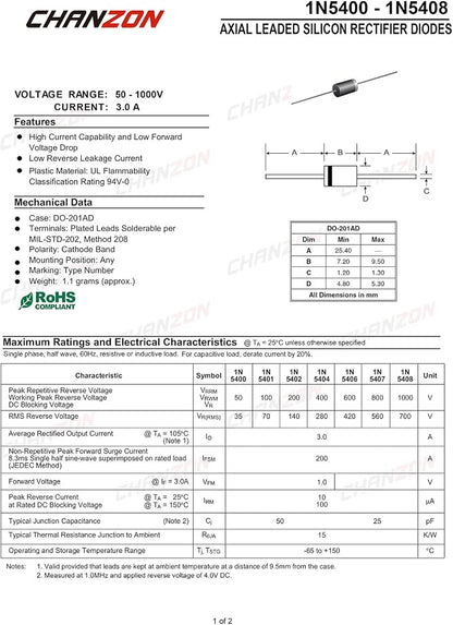 Chanzon 1N5406 Rectifier Diode 3A 600V DO-201AD Axial 5406 IN5406 3 Amp 600 - Image 2