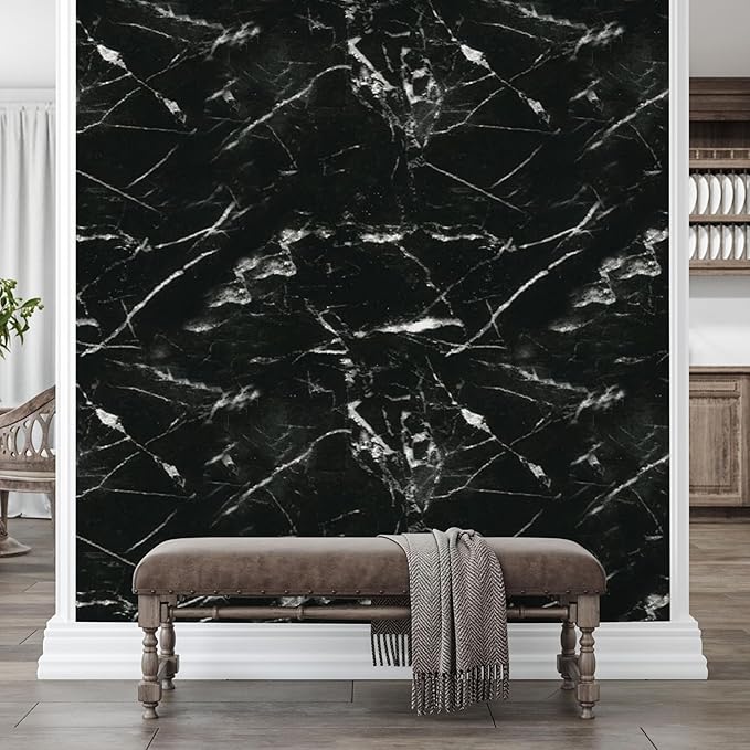 Dundee Deco Faux Marble Wall Panels - 2 ft X 4 ft - Glossy, Waterproof Indoor Wall Cladding - Black, White Veins - Set of 4 - Covers 31 sq ft