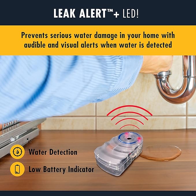 Zircon Leak Alert + LED! Water Leak Detector & Flood Sensor Alarm/Water Leak Sensor with Dual Leak Alarms 90Db Audio + Flashing LED Lights/Battery Powered-Batteries Not Included, 1 Pack (72332),White
