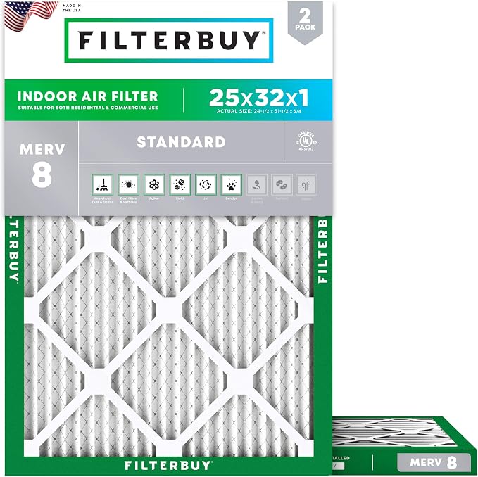 Filterbuy 25x32x1 Air Filter MERV 8 Essential Dust & Allergy Defense, by Filterbuy