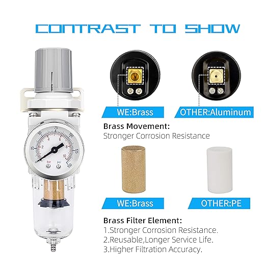NANPU 1/4" NPT Compressed Air Filter Regulator Combo Piggyback, 5 Micron Brass - Image 5